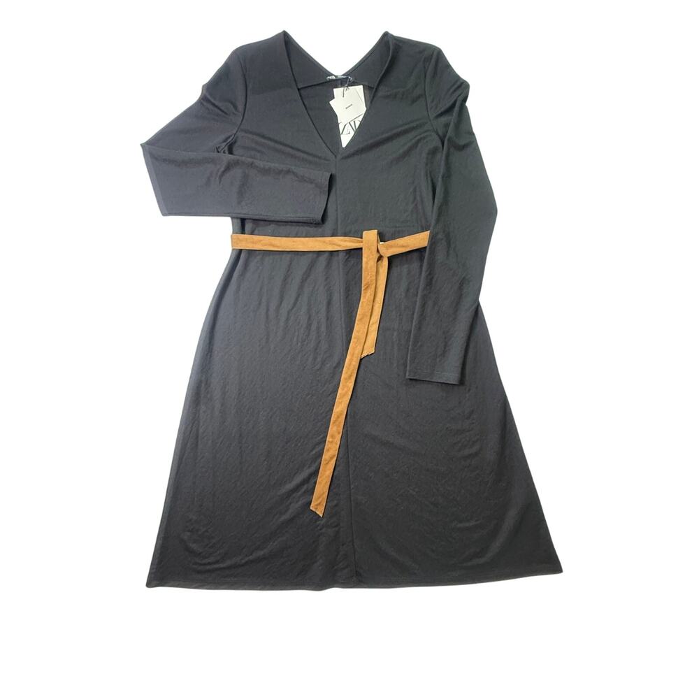 ZARA Black Long Sleeve Midi Dress with Camel Suede Belt NWT Size Small - Picture 2 of 12